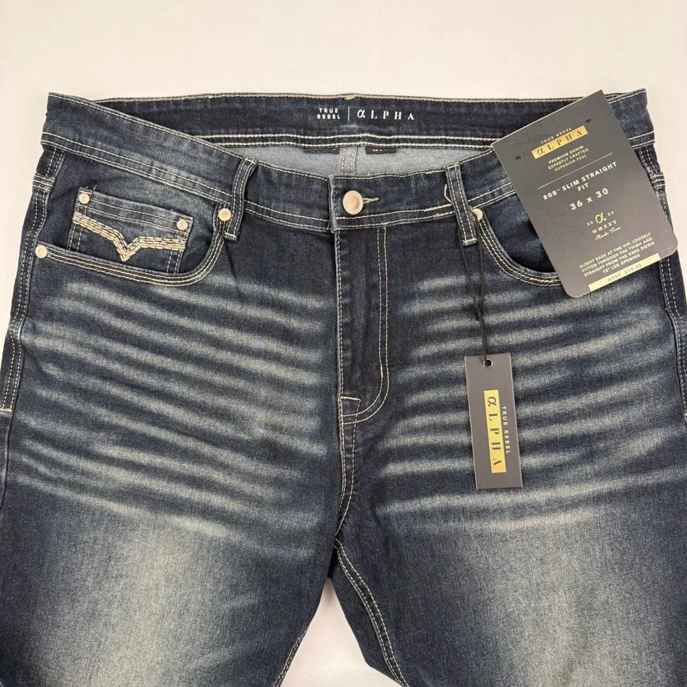 True Rebel Alpha 808 Slim Straight Jeans Mens 36x30 Dark Wash Stretch Denim NEW